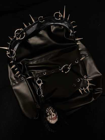 Playboi Carti OPIUM Punk Studded & Pierced Black Leather Backpack - SIze H42/W31