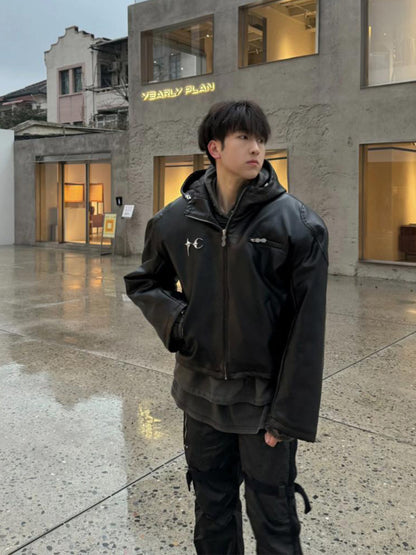 Thug Club Washed Black Hooded Leather Jacket - Cropped Biker Coat - 