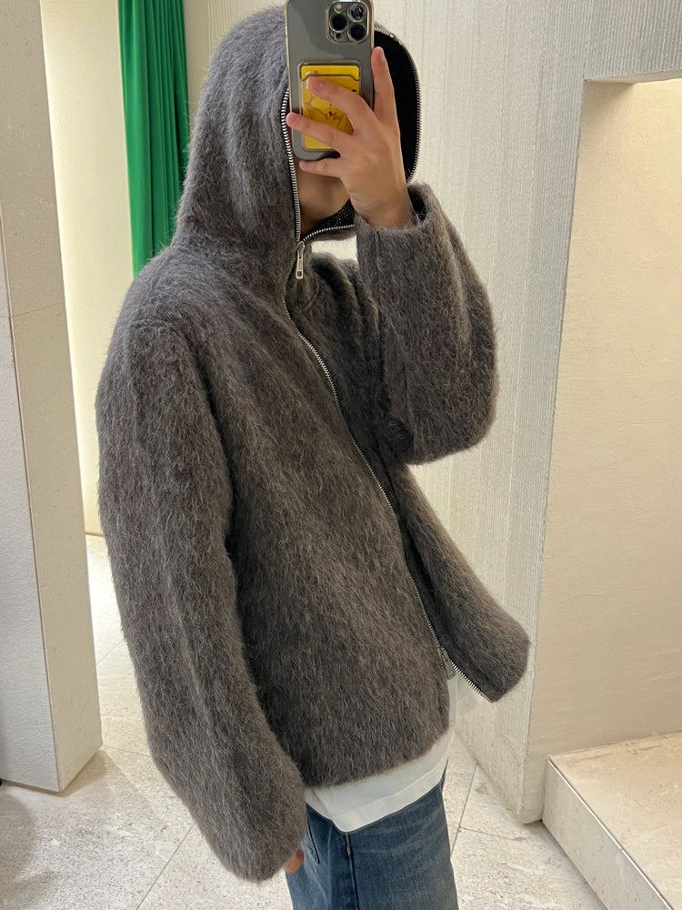 Our Legacy Grey Mohair Zip Cardigan – Wool Blend Relaxed Hooded Knit