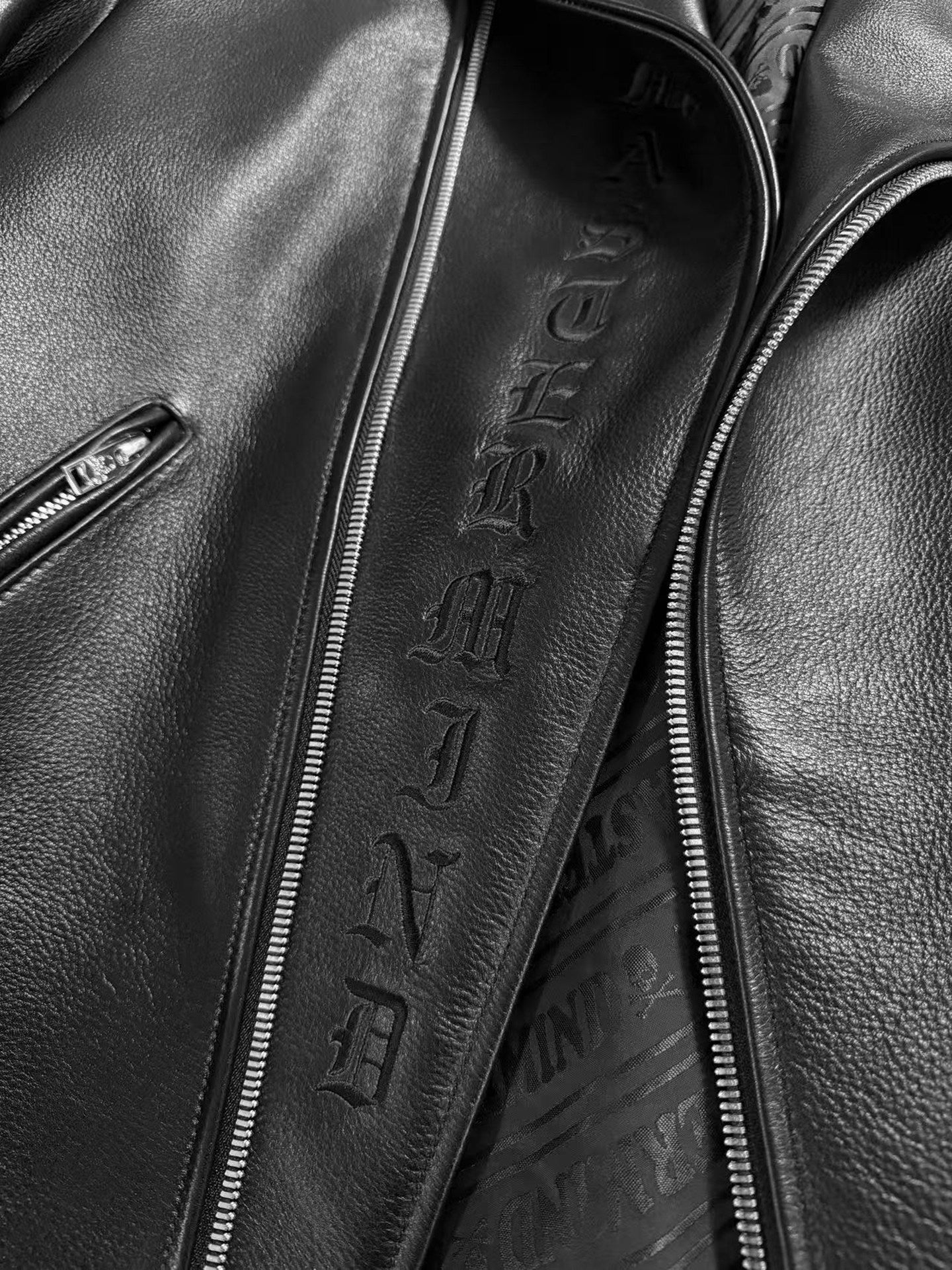MASTERMIND Skull Embroidery Cowhide Biker Jacket - Luxury Darkwear