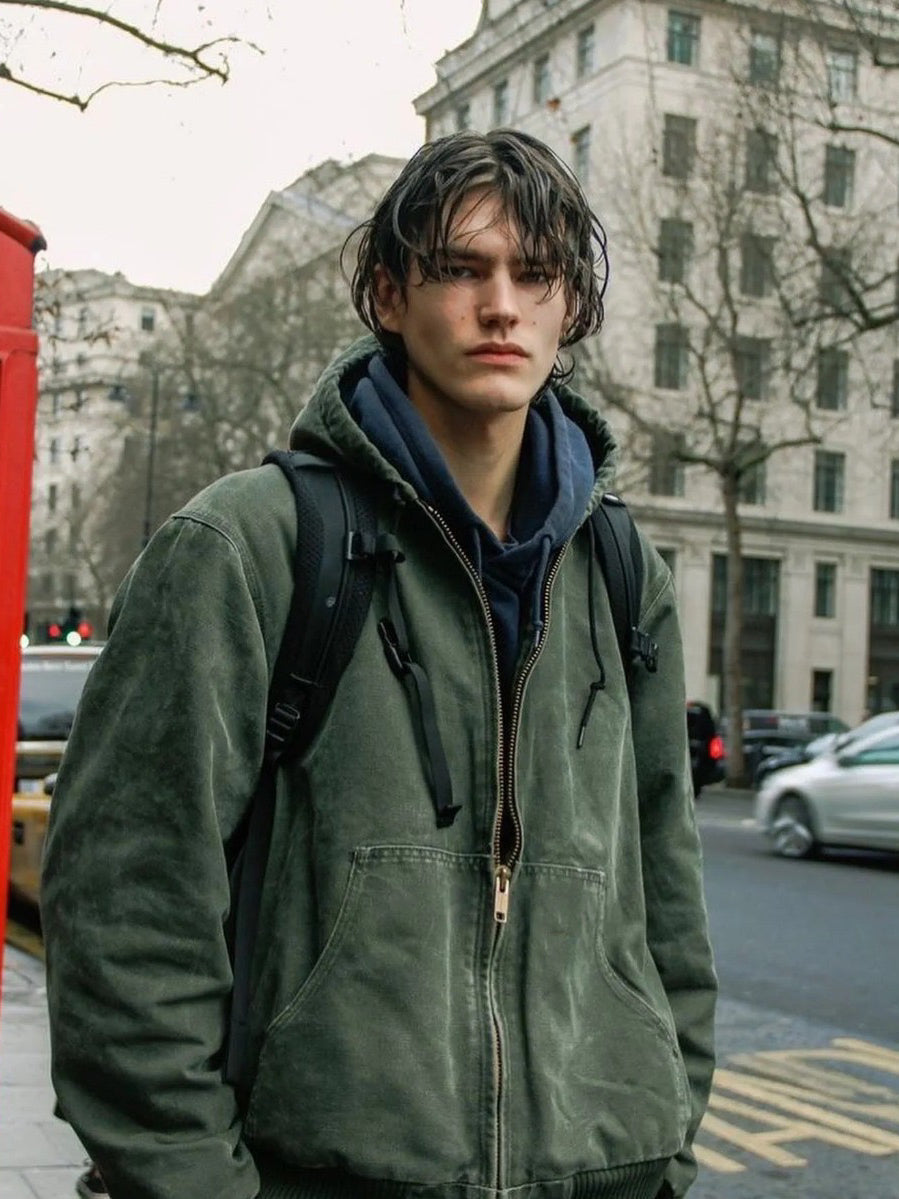 J130 Heavyweight Vintage Washed Hooded Jacket Unisex Retro Outerwear