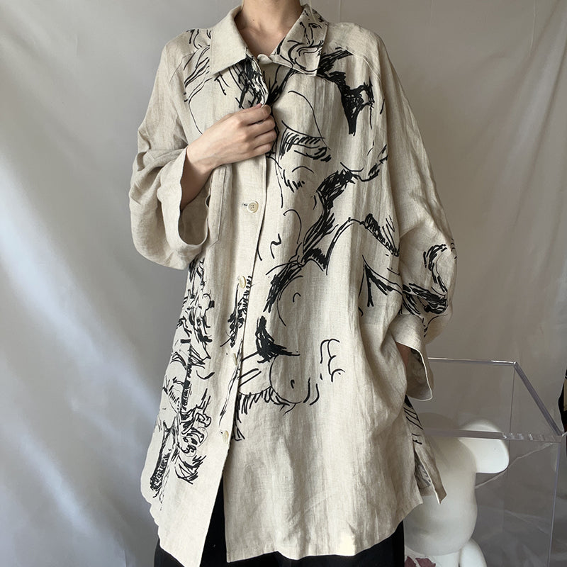 Yohji Linen Shirt – Yuuka Asakura Yamamoto Hand-Painted Beast Motif