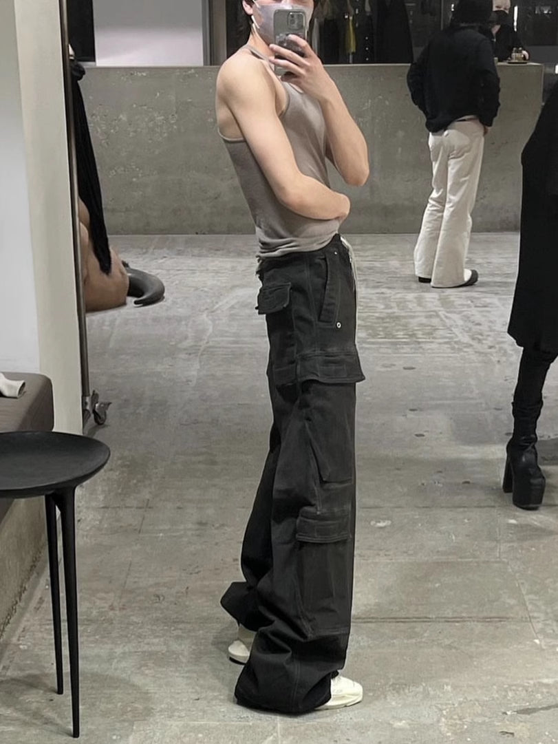 23SS Rick Owen Wide-Leg Washed Gray Jeans Ash Gray Unisex Cargo Pants - Size avaliable S ~ L