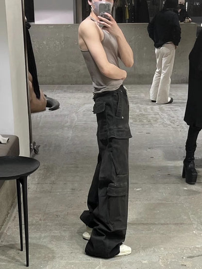 23SS Rick Owen Wide-Leg Washed Gray Jeans Ash Gray Unisex Cargo Pants - Size avaliable S ~ L