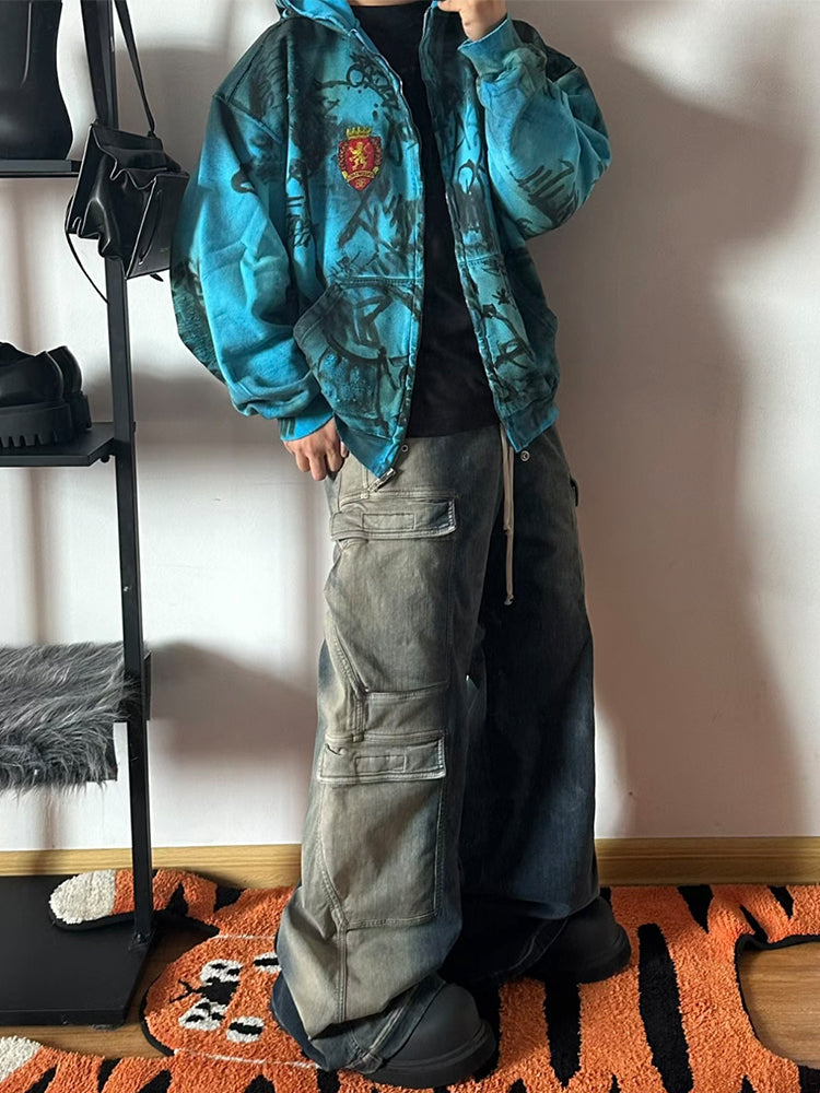 Ro Washed Gradient Multi-Pocket Cargo Jeans Straight Drawstring Wide-Leg Flare - Size avaliable S 46 M 48 L 50