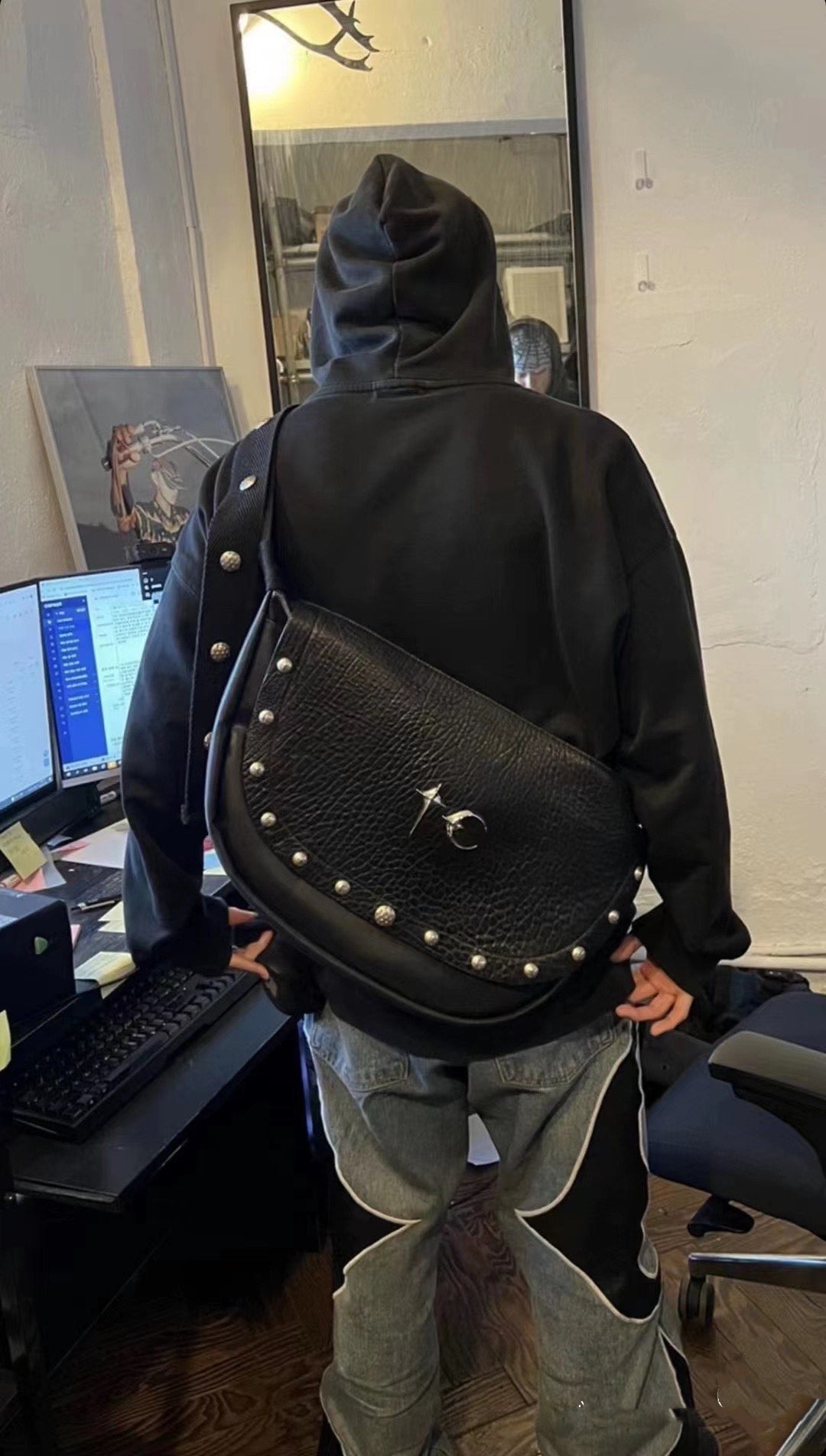 Thug Club 23SS Genuine Leather Shoulder Bag Grain Biker Crossbody Bag - Black