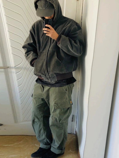 J130 Heavyweight Vintage Washed Hooded Jacket Unisex Retro Outerwear