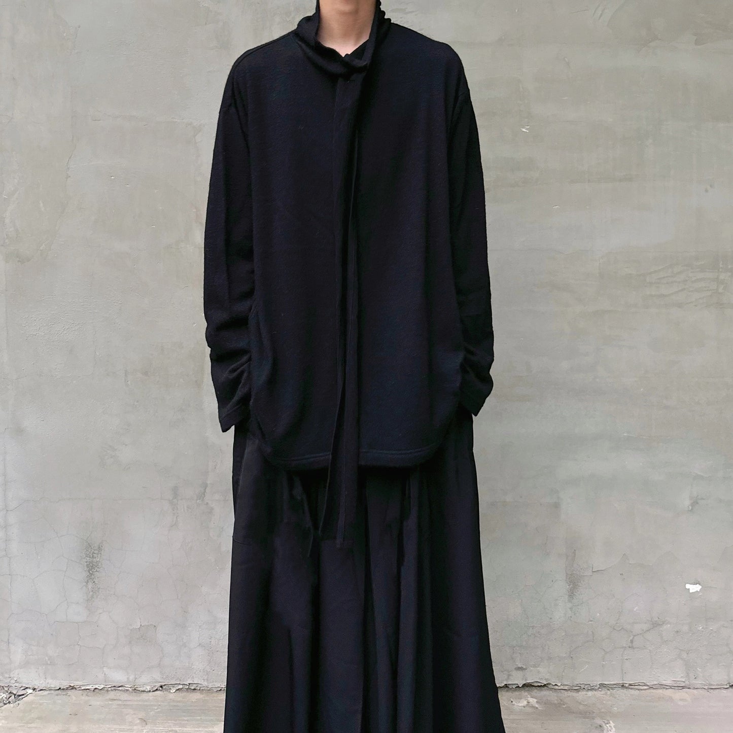 Yohji Yamamoto Merino Wool Knit Sweater Turtleneck Integrated Tie Scarf