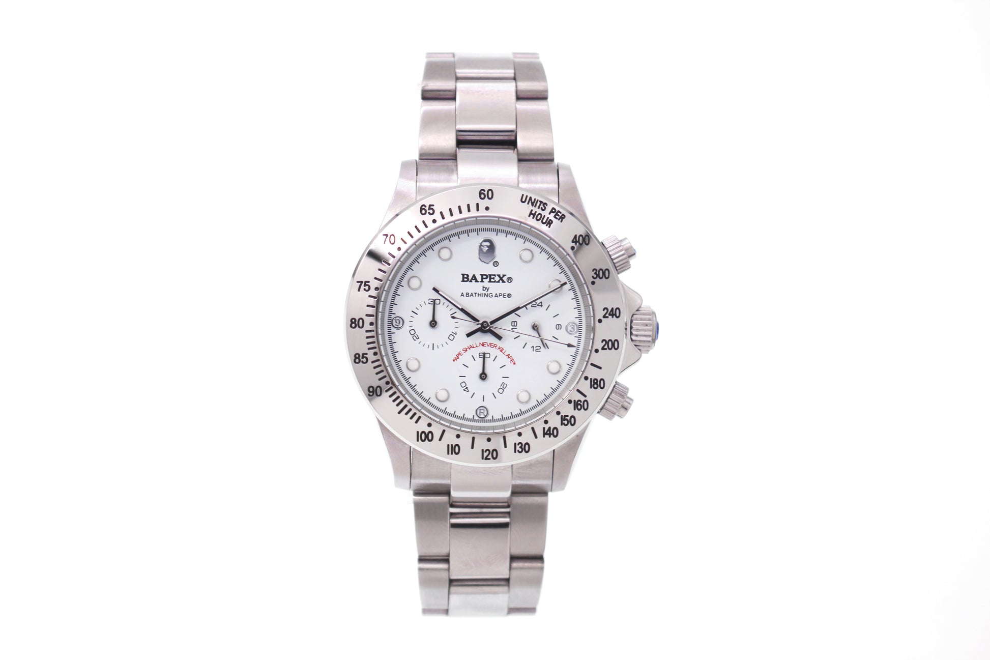 BAPEX TYPE 3 Triple-Eye Primate Head Watch - Panda Dial Quartz Chronograph - Silver white