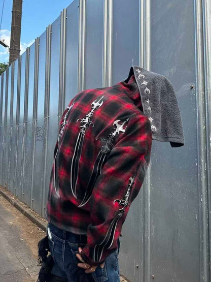 ThugClub 24FW Vintage Plaid Jacket - Sword Embroidery Distressed Checkered Shirt