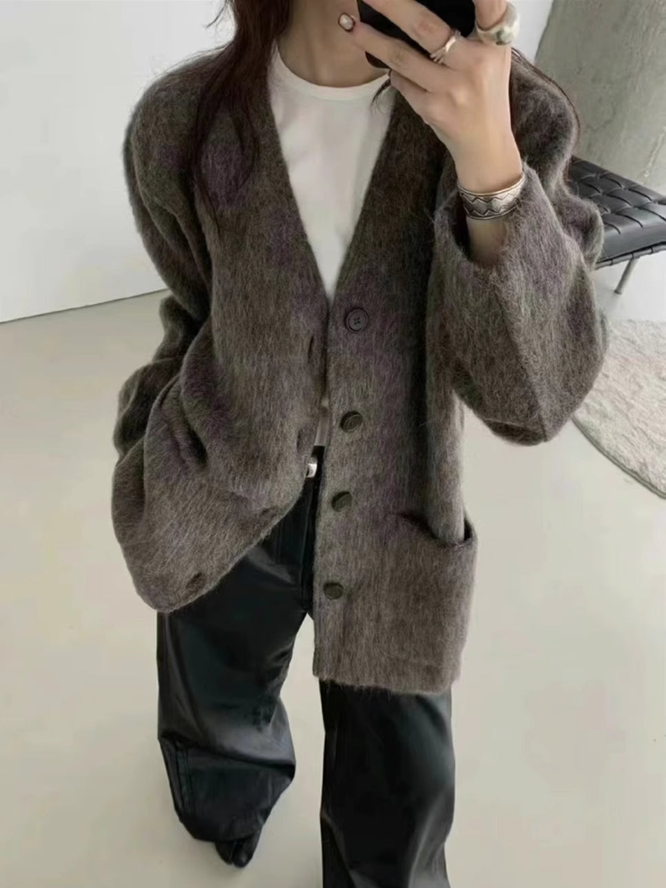 Our Legacy Gray-Brown Mohair Cardigan Wool Blend Knitted Long Sleeve V-Neck Sweater