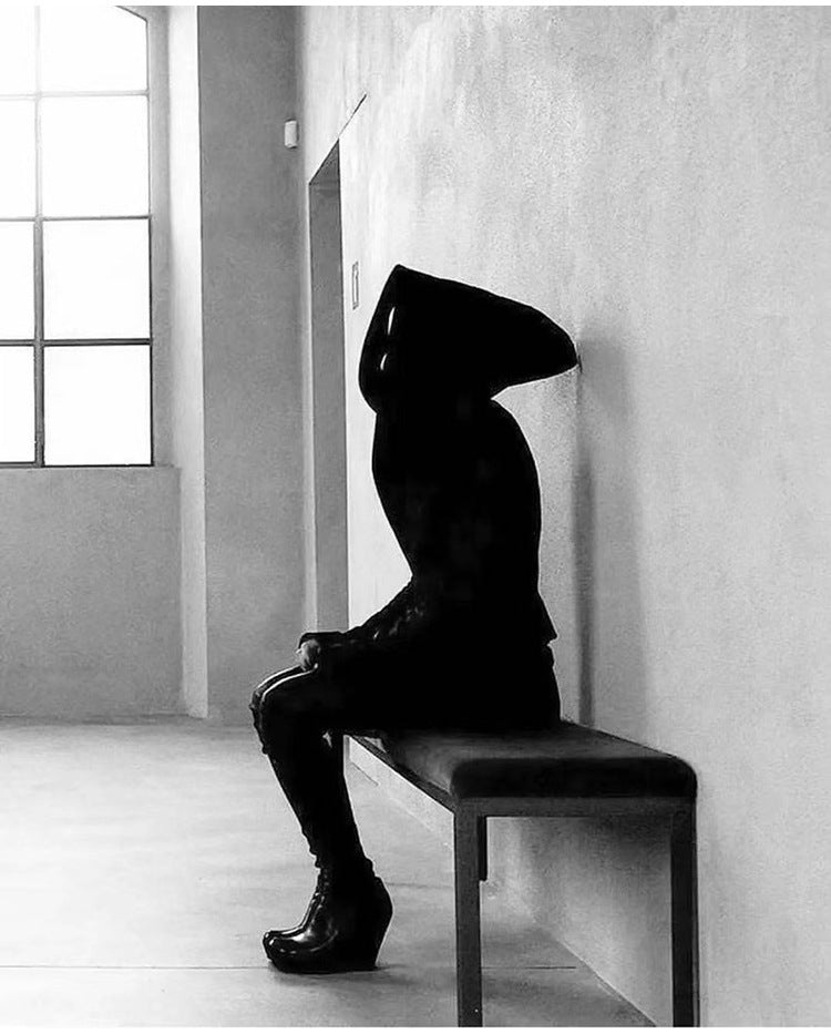 RO Dark Wizard Rick Owen Hoodie - Asymmetric Zip Avant-garde Black Winter Fleece