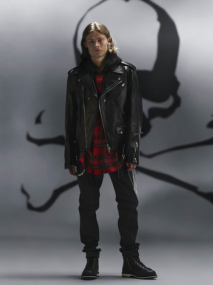 MASTERMIND Skull Embroidery Cowhide Biker Jacket - Luxury Darkwear