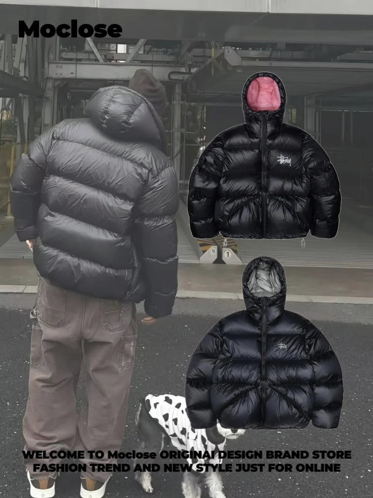 STUSSY 23FW Micro Ripstop Down Parka Black Pink Solid Color Zip Hooded Down Jackets