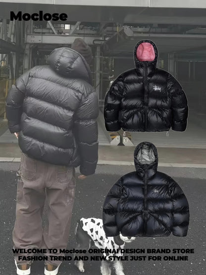 STUSSY 23FW Micro Ripstop Down Parka Black Pink Solid Color Zip Hooded Down Jackets