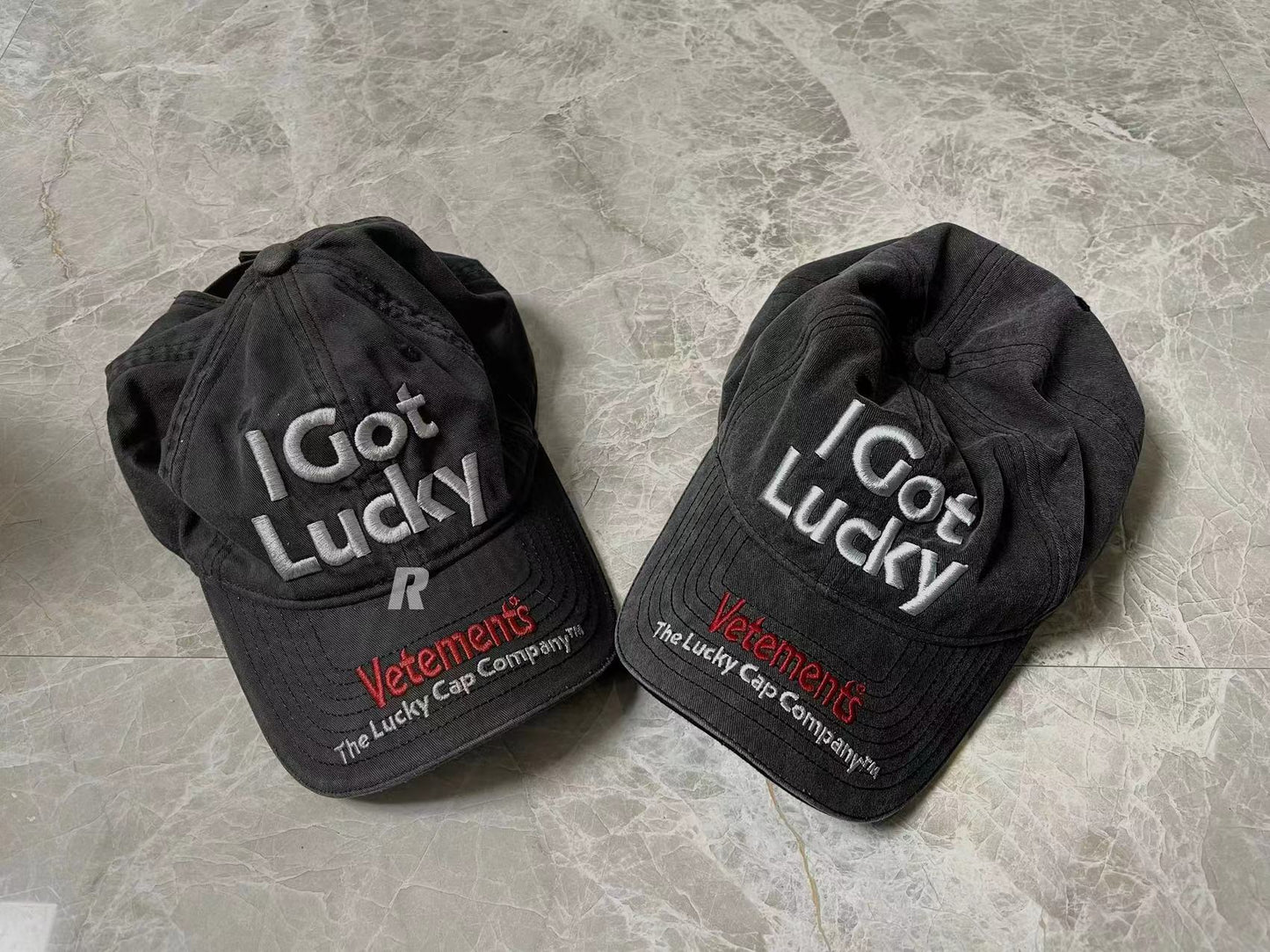 Vetements 22FW Washed Gray Embroidered Baseball Cap ’I Got Lucky’ Long Brim Hat