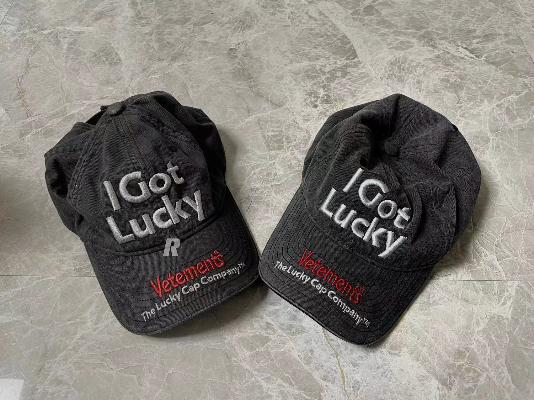 Vetements 22FW Washed Gray Embroidered Baseball Cap ’I Got Lucky’ Long Brim Hat