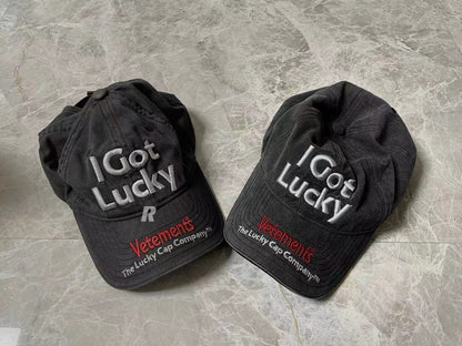 Vetements 22FW Washed Gray Embroidered Baseball Cap ’I Got Lucky’ Long Brim Hat