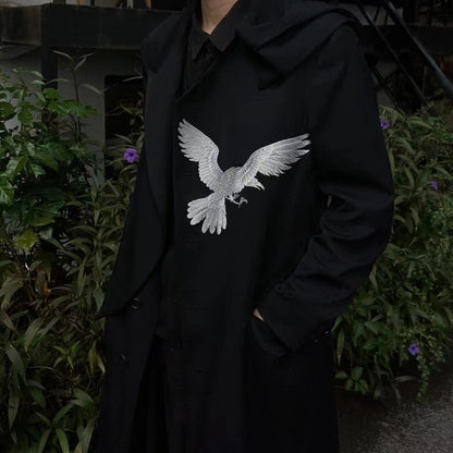 Yohji Wool Trench Coat - Double-Layered Collar White Raven Embroidery