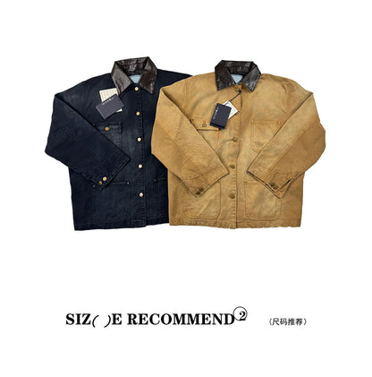 24SS Goatskin Patchwork Workwear Jacket with Leather Collar-Oversized Silhouette