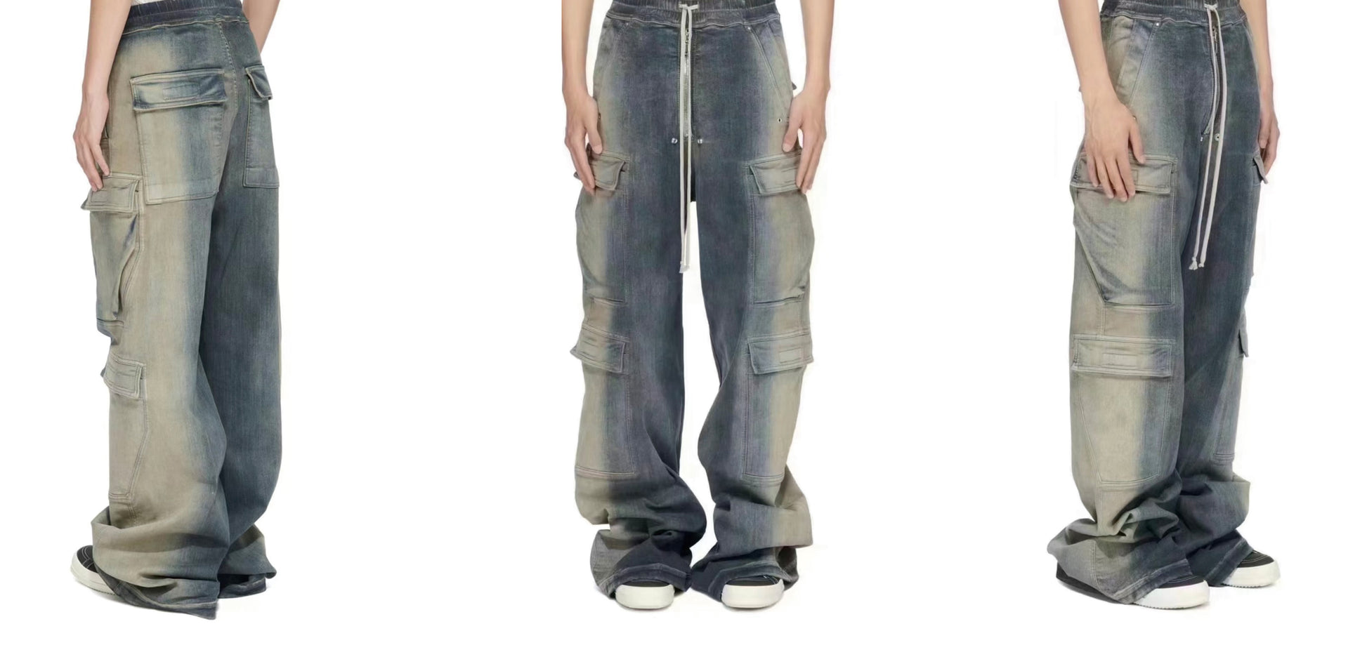 Ro Washed Gradient Multi-Pocket Cargo Jeans Straight Drawstring Wide-Leg Flare - Size avaliable S 46 M 48 L 50