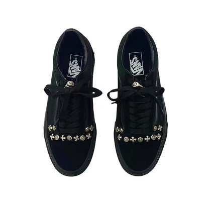 Vans Old Skool Chrome Handmade Low-Top Shoes Black Cross Studded Canvas Sneakers