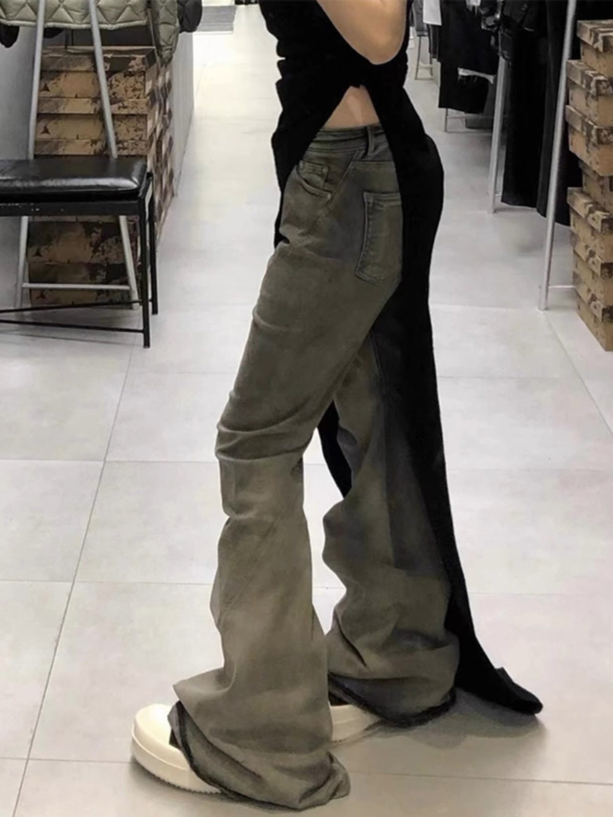 Rick Owen Earth Tone Flared Stacked Jeans – Slim Washed Wide-Leg Opium - Size avaliable S ~ XL