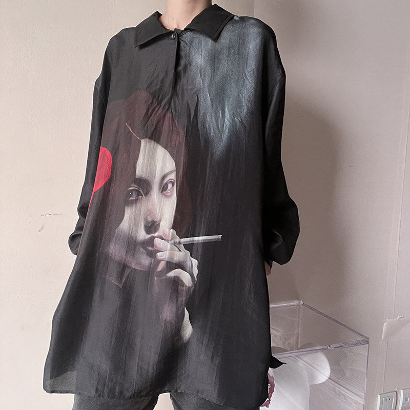 Suzume Uchida "Smoking Girl" Silk Shirt - Yohji Archive Darkwear -  