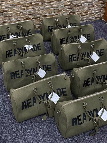 Readymade Overnight Bag - Army Green Canvas Embroidered Travel Bucket Gym Bag - Green