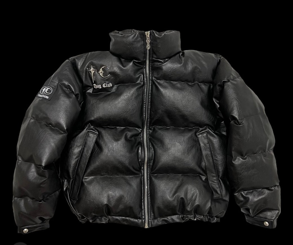Thug Club ’Drip’ Puffer Jacket - PU Leather Opium Outerwear - Black / S