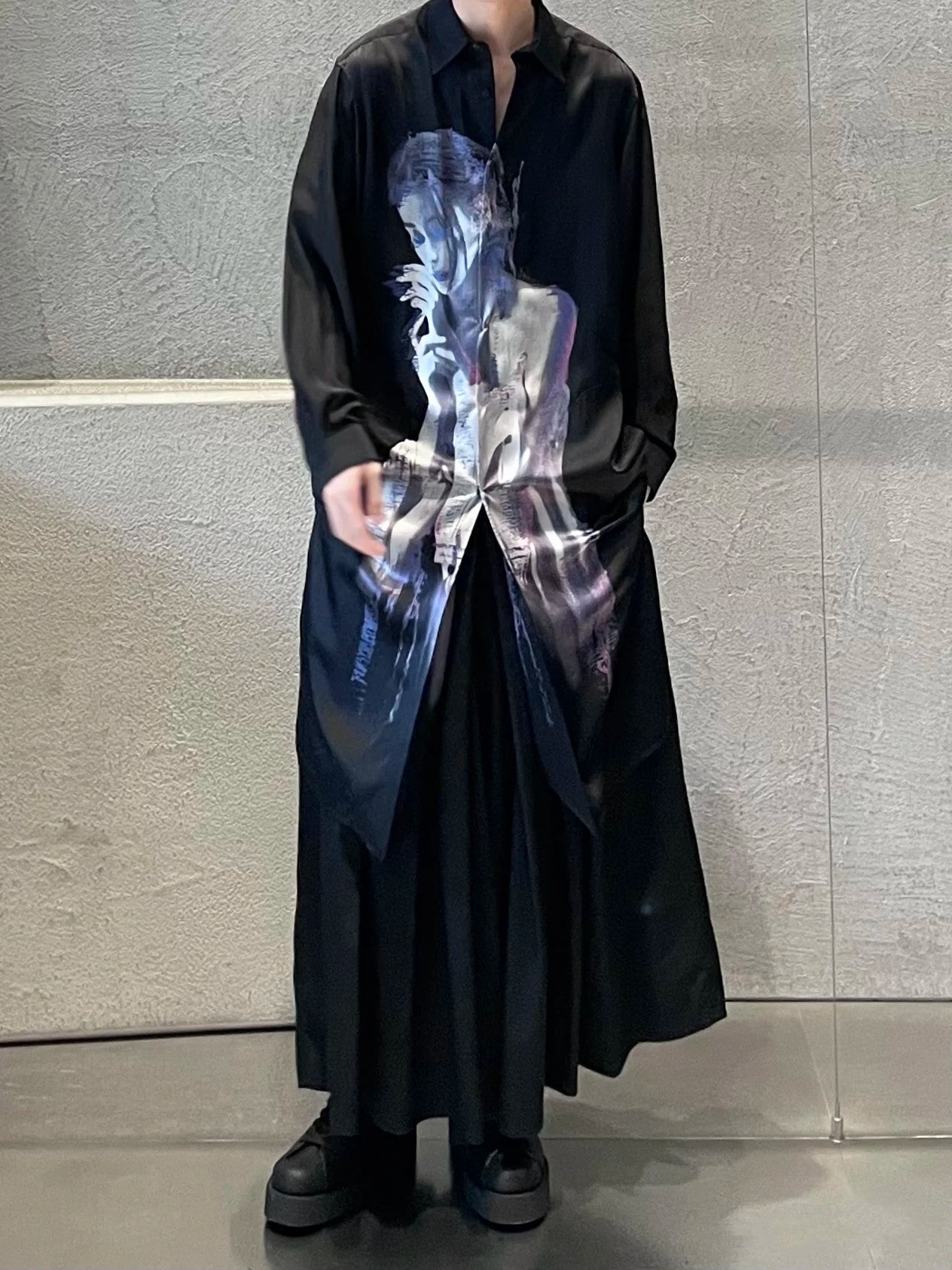 Yohji Portrait Print Shirt - Oversized Longline Designer Unisex Blouse