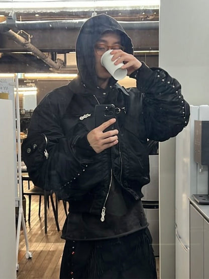 Donclickin Thug Club Star&Moon Studded Bomber – Short-Cut Cotton Flight Jacket