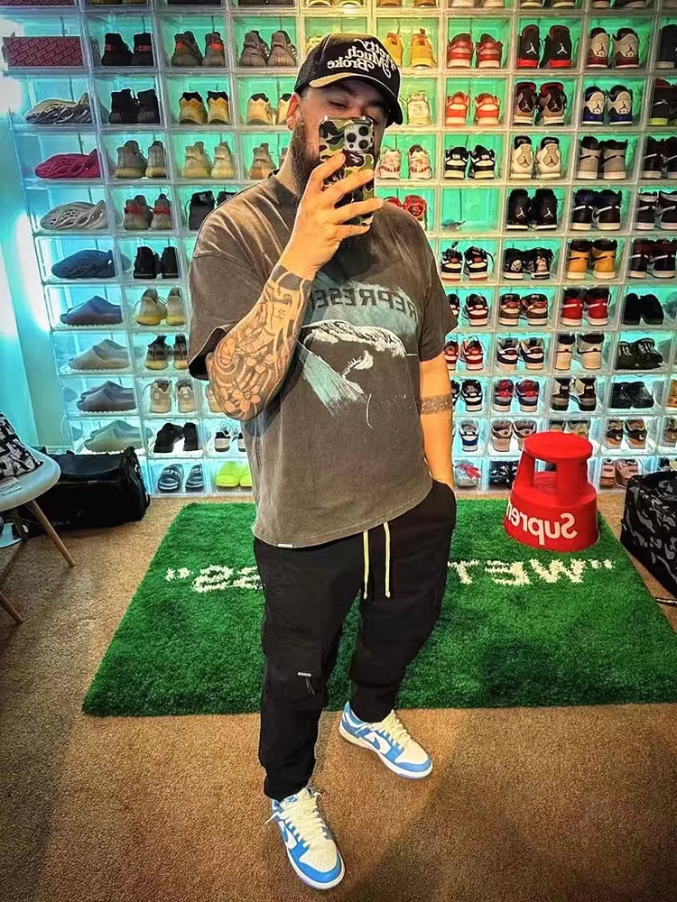 REPRESENT Washed Distressed Doberman Shark Short-Sleeve T-Shirt FOG