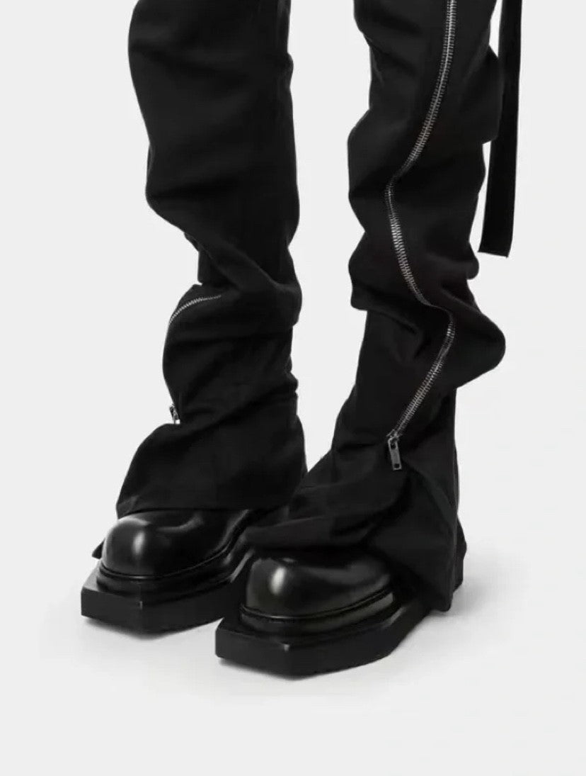 Rick Owen ACBT Dark Multi-Zip Wide-Leg Stacked Slimming Flared Denim Trousers