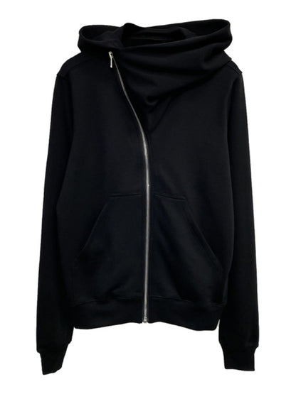 RO Dark Wizard Rick Owen Hoodie - Asymmetric Zip Avant-garde Black Winter Fleece