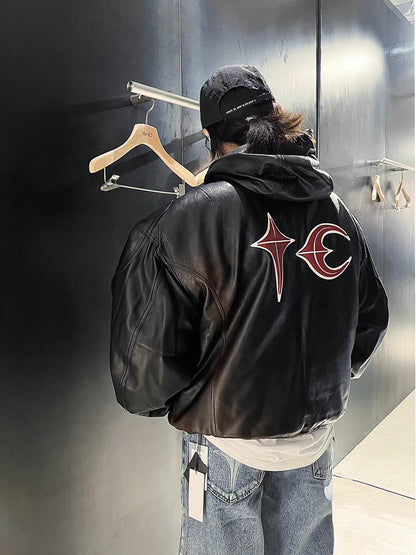 Thug Club Heavyweight Washed Goatskin Hooded Leather Short Padded Jacket
