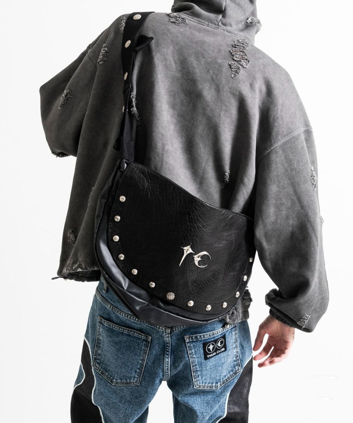 Thug Club 23SS Genuine Leather Shoulder Bag Grain Biker Crossbody Bag - Black