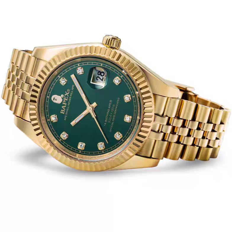 TYPE 6 BAPEX Gold-Green Ape Power Watch - Fluted Bezel Datejust Mechanical Wristwatch