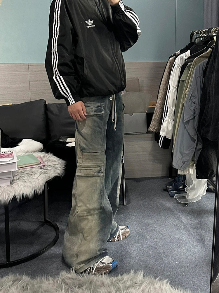 Ro Washed Gradient Multi-Pocket Cargo Jeans Straight Drawstring Wide-Leg Flare - Size avaliable S 46 M 48 L 50