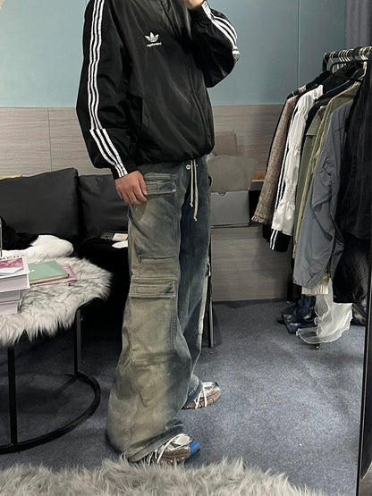 Ro Washed Gradient Multi-Pocket Cargo Jeans Straight Drawstring Wide-Leg Flare - Size avaliable S 46 M 48 L 50