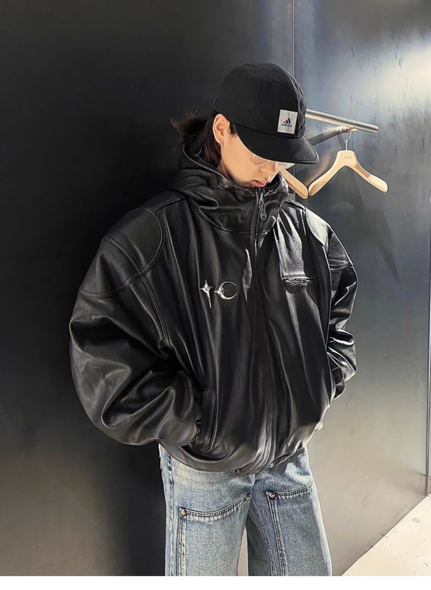 Thug Club Washed Black Hooded Leather Jacket - Cropped Biker Coat - 