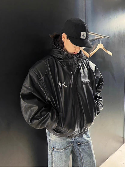 Thug Club Washed Black Hooded Leather Jacket - Cropped Biker Coat - 