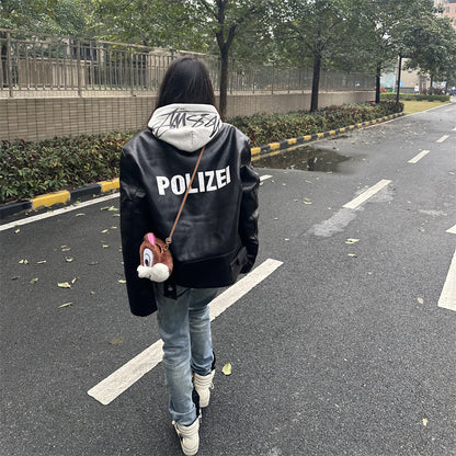 Vetements Motorcycle Leather Jacket Polizei Wild Man Biker Letter Print