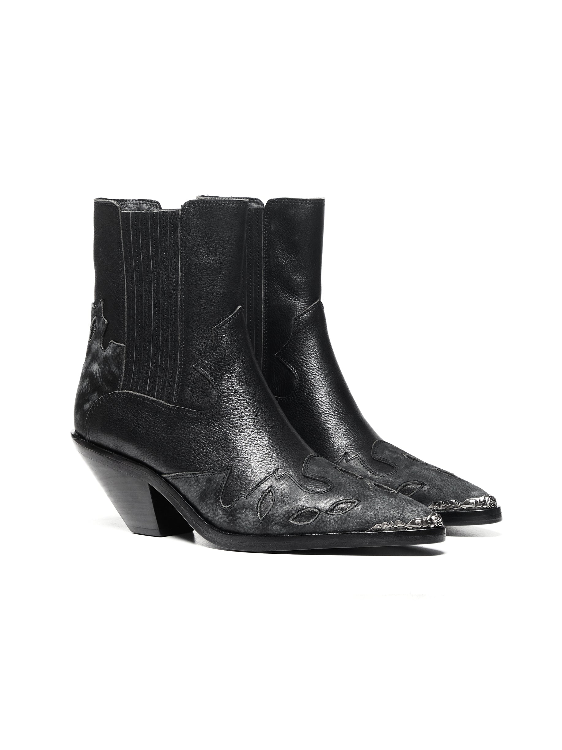 Top-Grain Leather Sole Chelsea Boots -Handcraft Distressed Western Metal Toe Cap - Black