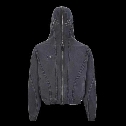 THUG CLUB Washed Wax-Dye Shark Mask Zip-Up Hoodie Outerwear Jackets