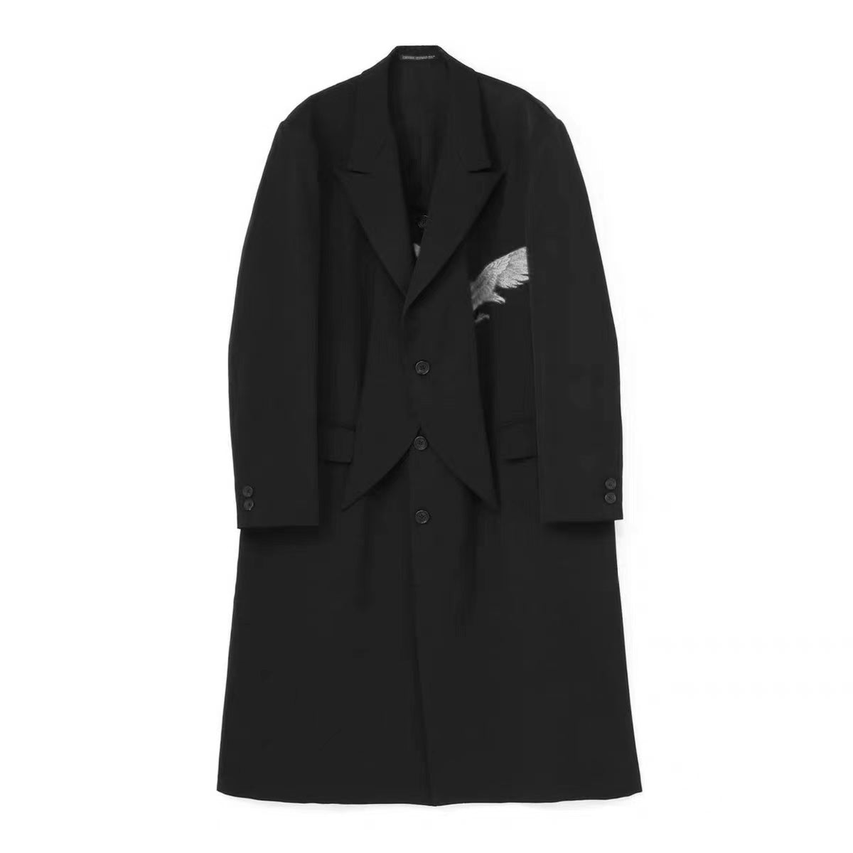 Yohji Wool Trench Coat - Double-Layered Collar White Raven Embroidery