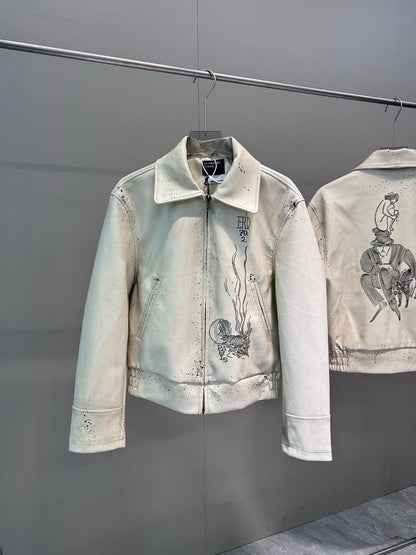 ERD SS24 Depressed Heir Embroidered Splatter Leather Biker Jacket Wookvibe