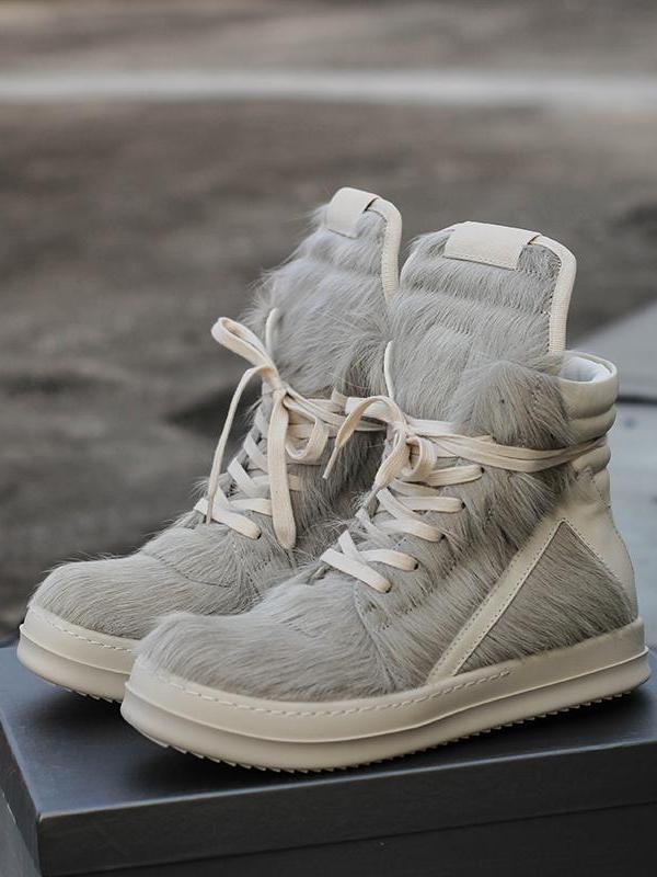 24SS Pony Hair RO High-Top Sneakers – Leather Thick Sole Casual Shoes Unisex