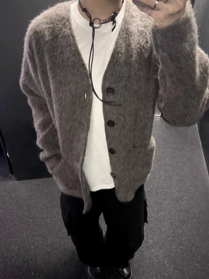 Our Legacy Gray-Brown Mohair Cardigan Wool Blend Knitted Long Sleeve V-Neck Sweater