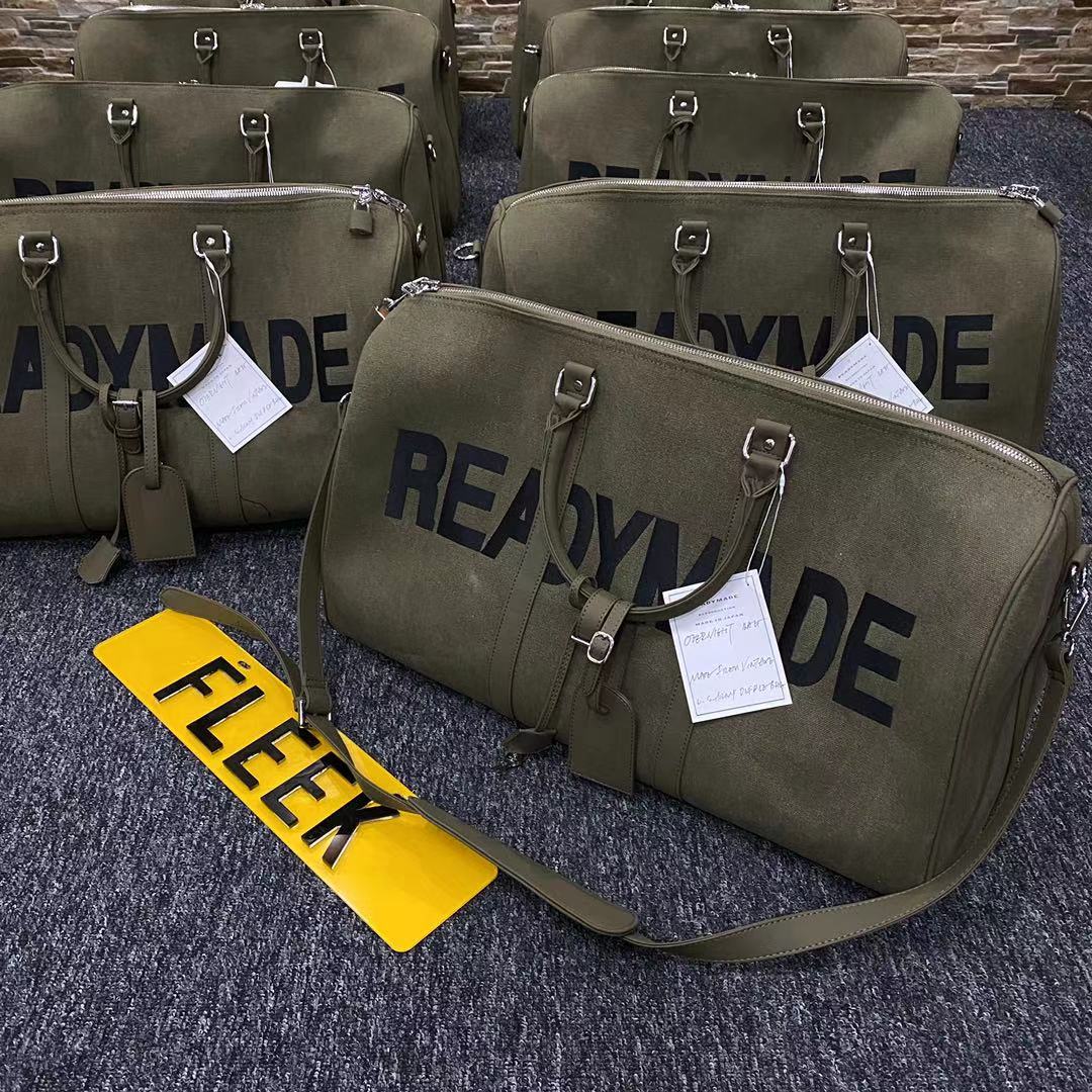 Readymade Overnight Bag - Army Green Canvas Embroidered Travel Bucket Gym Bag - Green